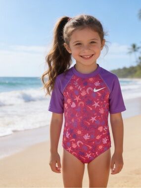 Nike Girls Pink Purple Short Sleeve Rashguard Swimsuit M